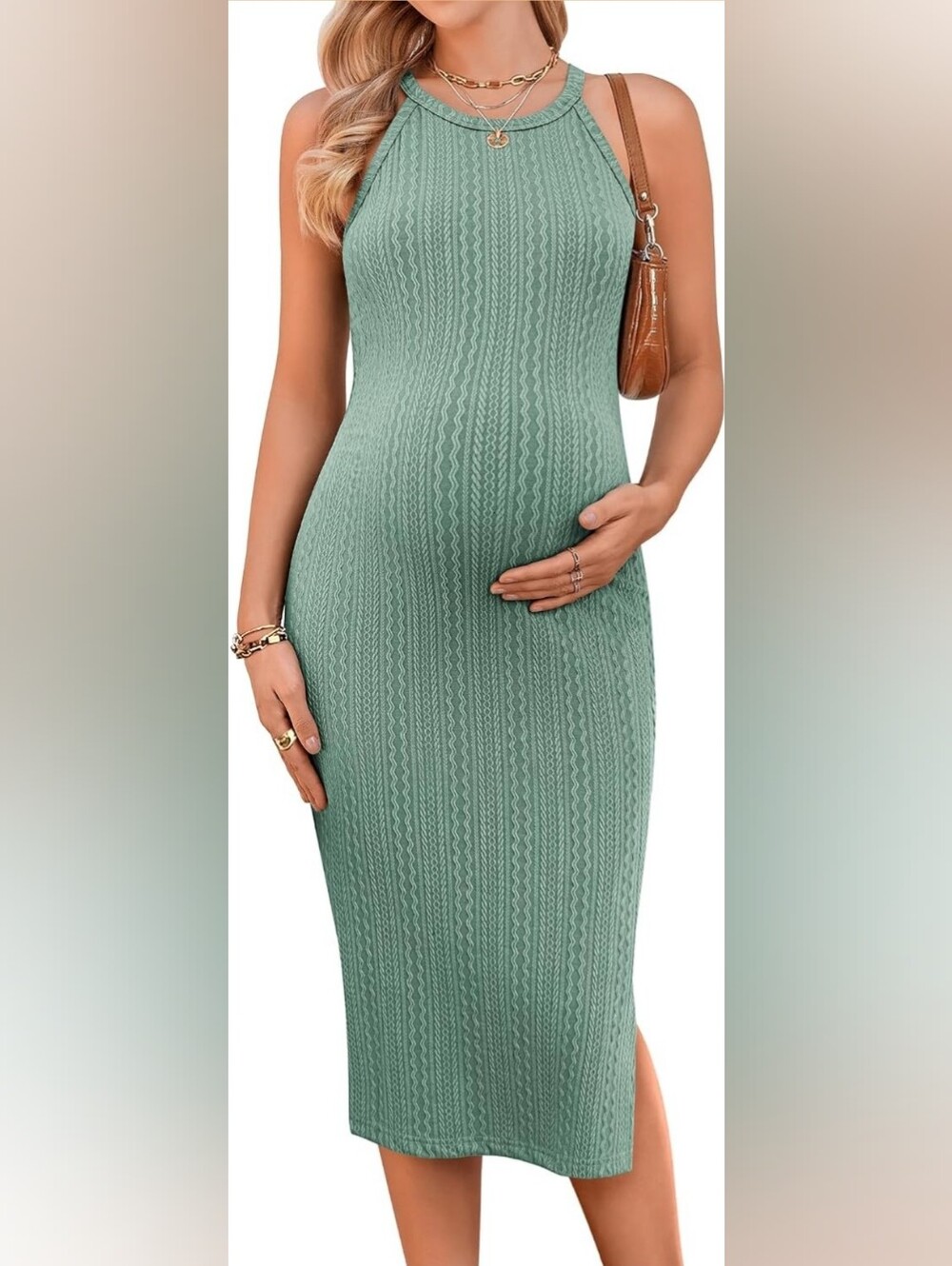Ekouaer Maternity Dress Rib Knit Bodycon Halter Mint Green Extra Large